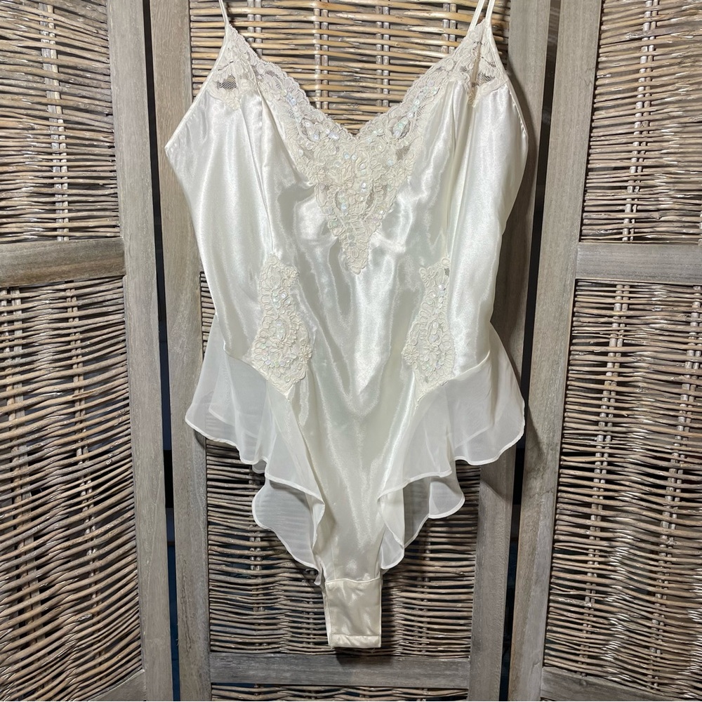 VTG 90s Victoria's Secret Ivory Satin Teddy One Piece - size Large